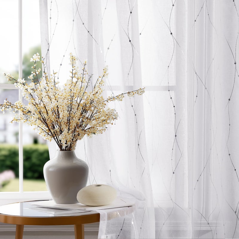 Deconovo Oeko-TEX Certified Sheer Foil Print Curtains – 2 Panels, Grommet Top – Elegant Light-Filtering Drapes for Living Room & Bedroom, Airy Privacy & Easy Care White & Silver Silver 52W x 96L Inch - Image 1